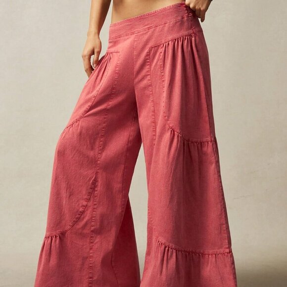 Red Boho Women's Wide Leg Low Waist Loose Pants - Picture 5 of 7